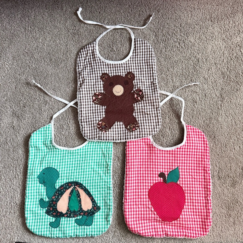 🍓 Handmade Gingham Floral Turtle Bear Apple Terry Cloth Tie Back Bibs (3 Pack)
